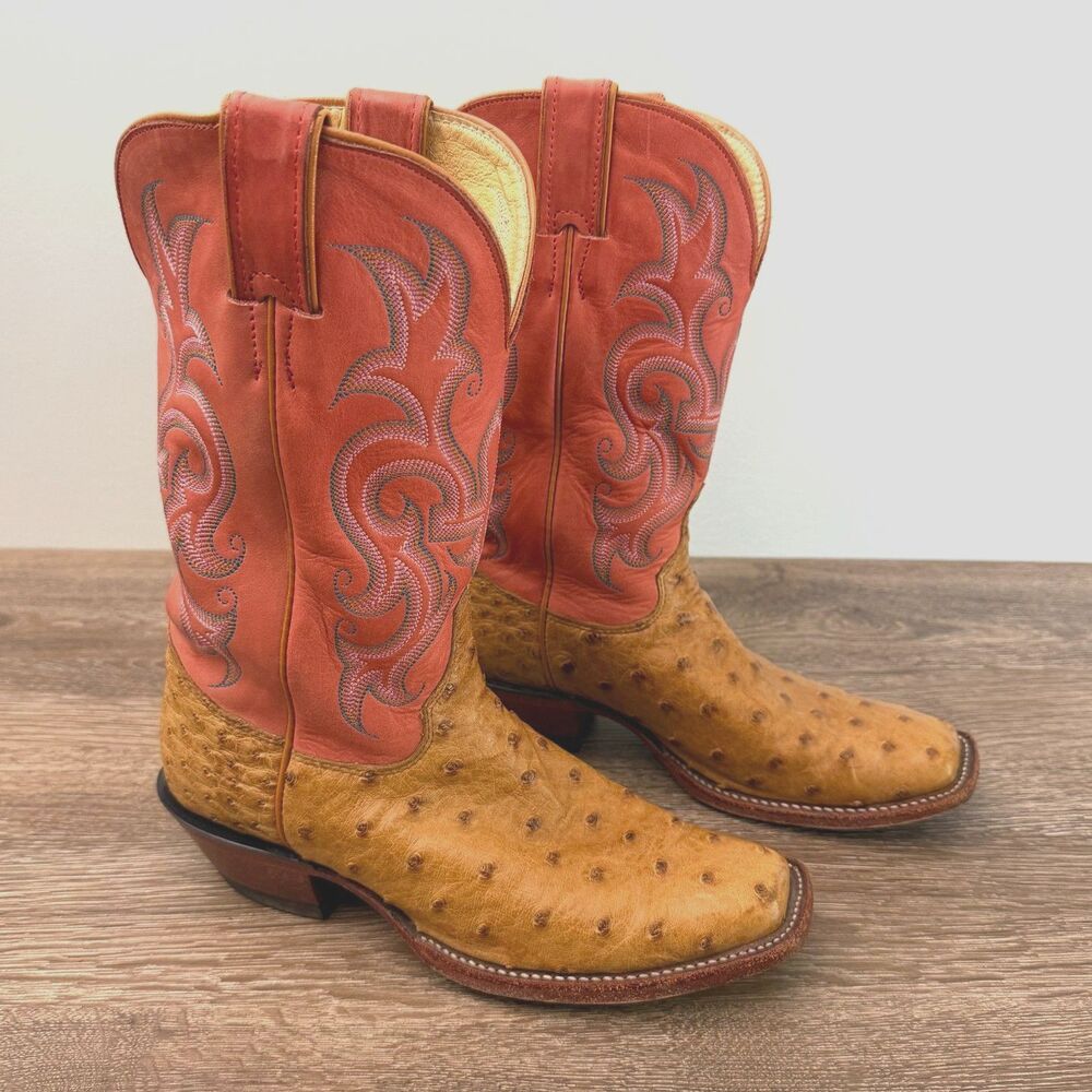Justin L2697 Full Quill Ostrich Cowboy Boots Pink Pepper 6.5B Made USA
